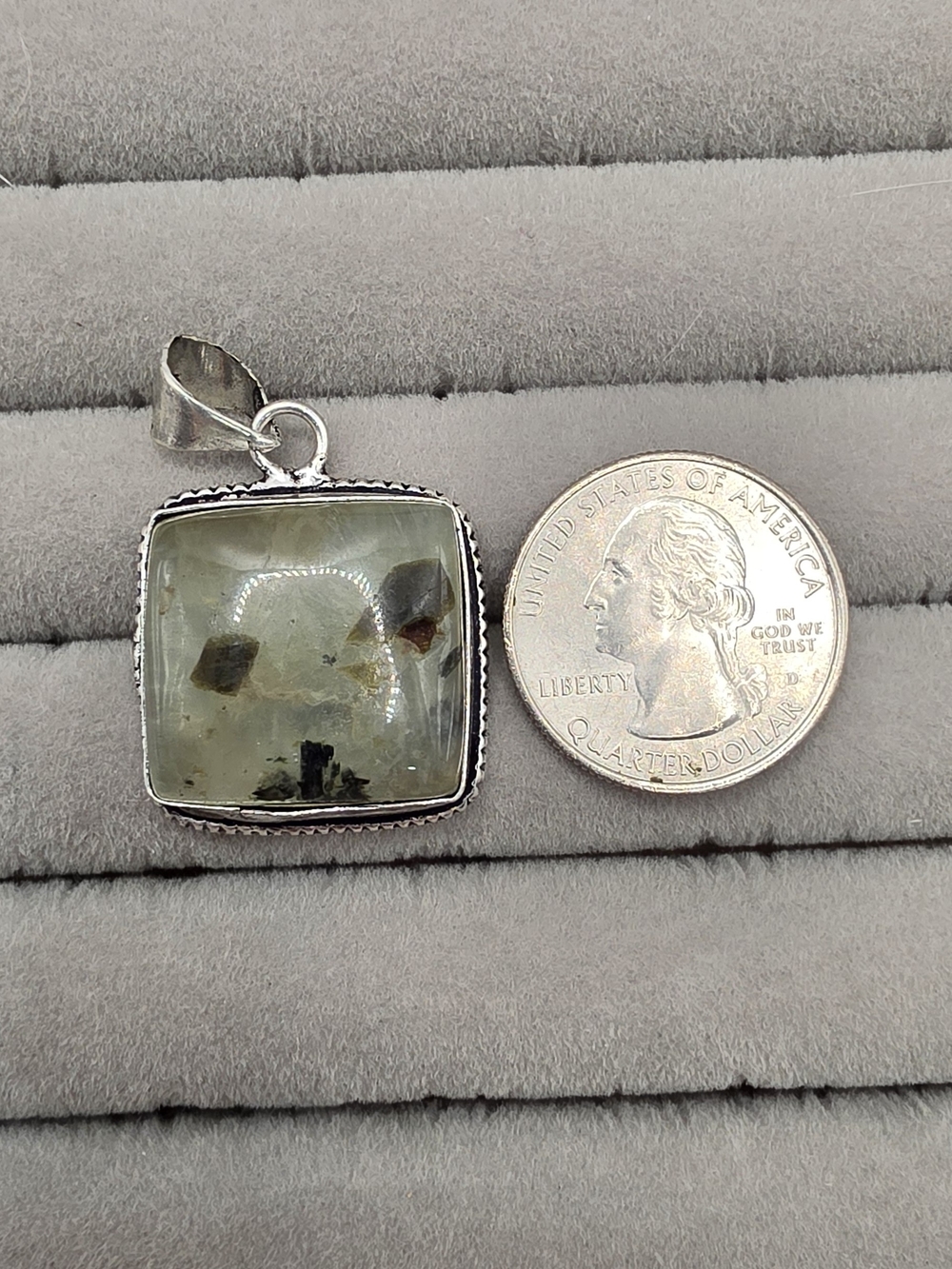 Silver Plated Green Prehnite Square Pendant